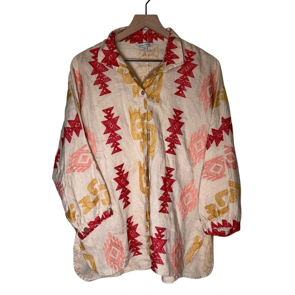 John Mark Cream Button-Front Blouse with Red, Gold & Pink Aztec Print